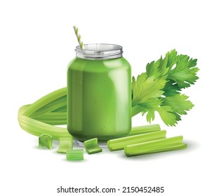 Realistic Celery Composition With Greens And Big Jar Of Healthy Celery Smoothie Vector Illustration
