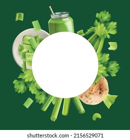 Realistic celery frame whole and sliced celery stalk a white circle in the center vector illustration