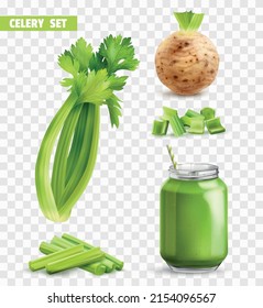 Realistic celery transparent icon set jar of ready made smoothie root stem with and without leaves