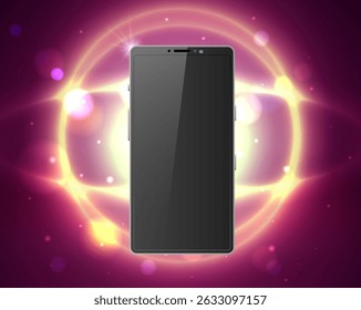 Realistic cell phone presentation on glowing background with rays and highlights. Cellphone screen. Bokeh light and shiny circles. Cellular technology. Bright glitter. Vector smartphone display mockup