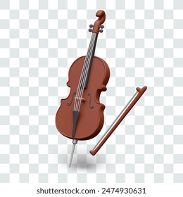 Realistic cello with bow. Classical wooden stringed instrument