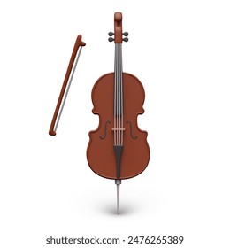 Realistic cello, bow on white background. Classical musical string instrument