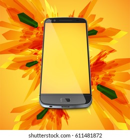 Realistic cellphone with abstract artwork in the background, vector illustration