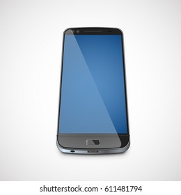 Realistic cellphone with blue screen, vector illustration