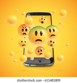 Realistic cellphone with smileys, vector illustration