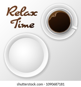 Realistic ceramic coffe cup in top view with blank dish.