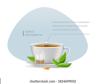 Realistic ceramic cup with hot fresh black tea in pyramidal tea bag on saucer with mint leaves infographic on a light background vector illustration