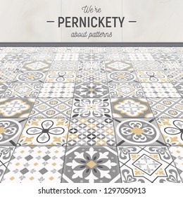 Realistic ceramic floor tiles background with editable text and ceramic veneer with various patterns and pictures vector illustration