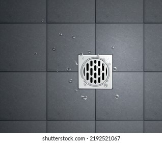 Realistic ceramic floor tiles drainage grates composition square drain in the shower cubicle and residual water droplets vector illustration