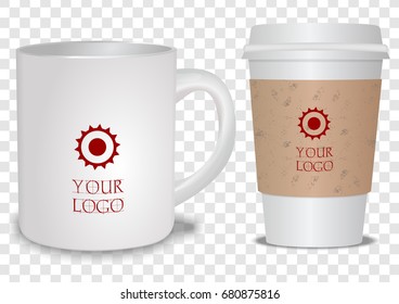 Realistic Ceramic and Paper Coffee Cup isolated on transparent background. Template for Mock Up. Vector illustration