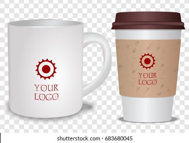 Realistic Ceramic and Paper Coffee Cup isolated on transparent background. Template for Mock Up. Vector illustration