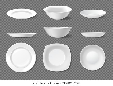 Realistic ceramic plates, empty white dishes top and side view. Porcelain plate and bowl, kitchen crockery, ceramic dinnerware vector set. Illustration of empty porcelain clean