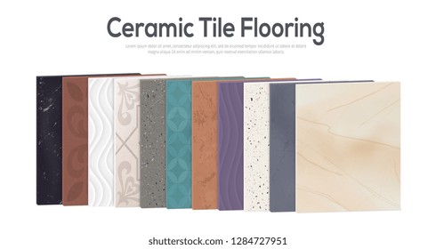 Realistic ceramic set with pieces of rectangular facing tile with different color patterns and editable text vector illustration