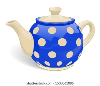 Realistic ceramic teapot. Blue with beige peas. Isolated on white background. Vector illustration.