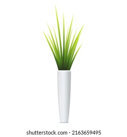 Realistic ceramic vase with green grass. White pot with flowers. Crockery assortment. Template design for interior, decoration, branding, advertisement. Ceramic bowls for plants. 3d vector