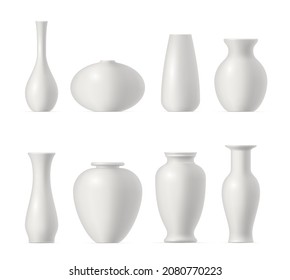 Realistic ceramic vases set vector illustration. Collection floor bowls modern and retro style decorative interior design elements isolated. 3d template blank minimalistic vessel different shapes