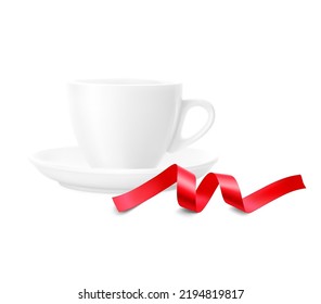 Realistic ceramic white cup with red ribbon. Vector illustration isolated on white background, ready and simple to use for your design. EPS10.	