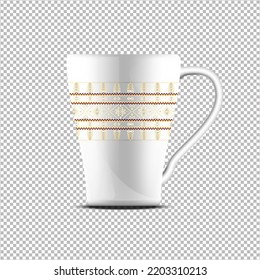 Realistic ceramic white cup with Thai benjarong pattern isolated on transparent background. Vector template for Mock Up. Vector illustration

