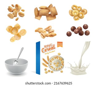 Realistic cereal mockup packaging set with isolated images of crispy rings with milk spray and dish vector illustration