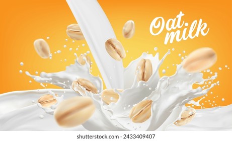 realistic cereal oat milk vector advertising promo banner with white liquid pouring wave of plant-based alternative to dairy. Creamy, lactose-free option for coffee or cooking, drink with nutty flavor