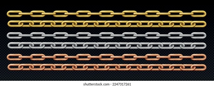 Realistic chains set. Collection of graphic elements for website. Metal connections, gold, bronze and silver, metal. Strength and security. 3D vector illustrations isolated on black background
