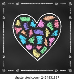 Realistic Chalk Drawn Sketch. Big Design Element Rainbow Heart from Scribbles Isolated on Chalkboard Backdrop. Textural Crayon Drawing of Romantic Symbol of Different Colors on Blackboard.