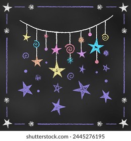 Realistic Chalk Drawn Sketch. Cartoon Design Element Thread with the Suspended Stars Isolated on Chalkboard Backdrop. 
Textural Crayon Drawing of Baby's Star Pendant.