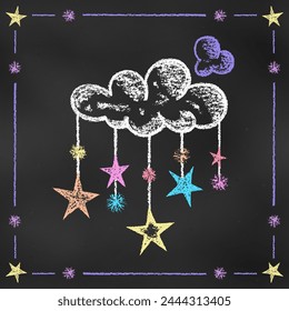 Realistic Chalk Drawn Sketch. Cute Design Element Colorful Cloud with Pendants Isolated on Chalkboard Backdrop. Textural Crayon Drawing of Cloud with Stars for Children's Stuffs and Baby's Products.