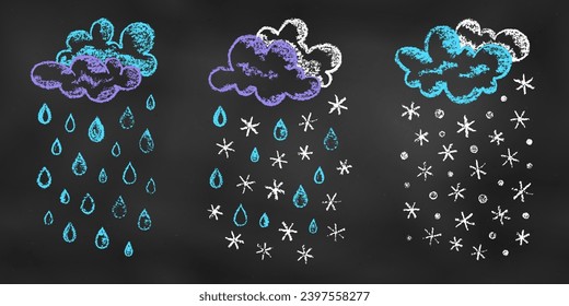 Realistische Skizze mit Kreidezeichnung. Set von Design Elements Cumulus Wolken mit Regen und Schnee einzeln auf Chalkboard Hintergrund. Kit von Textural Crayon Zeichnungen von Formen von verschiedenen Farben auf Blackboard.