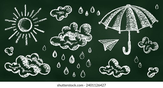 Realistic Chalk Drawn Sketch. Set of White Design Elements Sun, Clouds, Rain, Drops, Umbrella, and Paper Airplane Isolated on Chalkboard Backdrop. 
Kit of Textural Crayon Drawings on Blackboard.