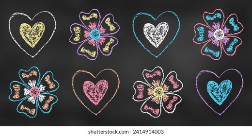 Realistic Chalk Drawn Sketch. Set of Design Elements Flowers and Hearts Isolated on Chalkboard Backdrop. Kit of Textural Crayon Drawings of Spring or Summer Symbols of Different Colors on Blackboard.