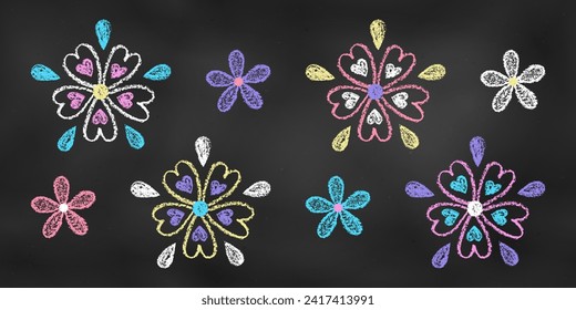 Realistic Chalk Drawn Sketch. Set of Design Elements Flowers  Isolated on Chalkboard Backdrop. Kit of Textural Crayon Drawings of Spring Symbols of Different Colors on Dark Blackboard.