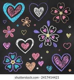 Realistic Chalk Drawn Sketch. Set of Design Elements Colorful Hearts and Flowers Isolated on Dark Chalkboard Backdrop. Kit of Textural Crayon Drawings of Romantic Simple Shapes on Blackboard.