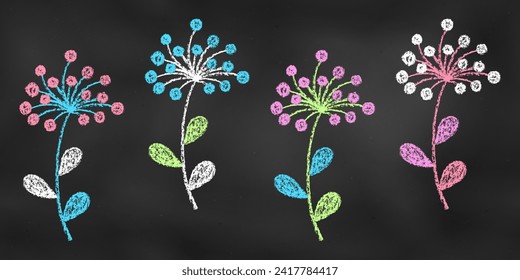 Esbozo De Llamada Realista. Conjunto de elementos de diseño ramas coloridas con bayas aisladas en el fondo de la pizarra. Kit de dibujos texturales florales de caracoles de diferentes colores en la pizarra.