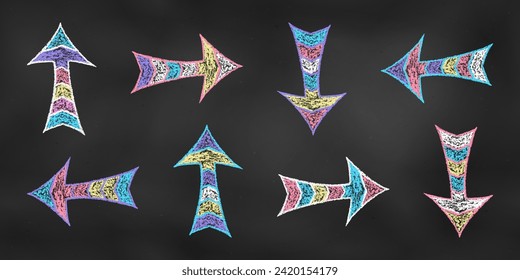 Realistic Chalk Drawn Sketch. Set of Design Elements Colorful Striped Arrows Isolated on Dark Blackboard. Kit of Textural Crayon Children's Drawings of Symbols of Navigation  on Chalkboard Backdrop. 