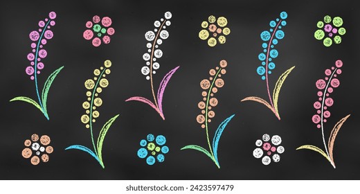 Realistic Chalk Drawn Sketch. Set of Design Elements Stylized Mimosa Flowers Isolated on Chalkboard Backdrop. Kit of Textural Crayon Drawings of Spring Branches of Different Colors on Blackboard.