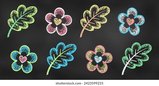 Realistic Chalk Drawn Sketch. Set of Design Elements Flowers and Leaves Isolated on Chalkboard Backdrop. Kit of Textural Crayon Drawings of Summer Simple Shapes of Different Colors on Blackboard.