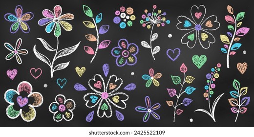 Realistic Chalk Drawn Sketch. Set of Design Elements Rainbow Flowers, Leaves, Hearts,  Isolated on Chalkboard Backdrop. Kit of Crayon Drawings of Plants and Branches on Blackboard.