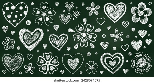 Realistic Chalk Drawn Sketch. Set of Design Elements White Hearts and Flowers Isolated on Green Chalkboard Backdrop. Kit of Textured Crayon Drawings of Spring or Summer Symbols on Blackboard.