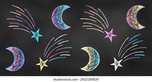 Realistic Chalk Drawn Sketch. Set of Design Elements Stars and Moons Isolated on Chalkboard Backdrop. Kit of Textural Crayon Drawings of Night Sky Symbols of Different Colors on Blackboard.