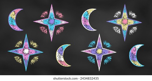 Realistic Chalk Drawn Sketch. Set of Design Elements Stars and Moons Isolated on Chalkboard Backdrop. Kit of Textural Crayon Drawings of Striped Night Sky Symbols of Different Colors on Blackboard.