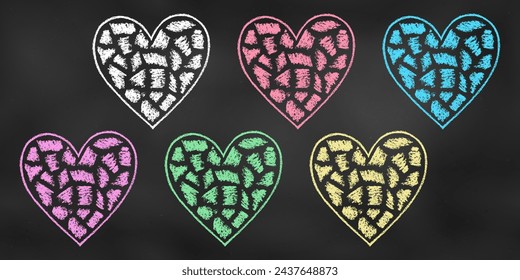 Realistic Chalk Drawn Sketch. Set of Design Elements Colorful Hearts Isolated on Chalkboard Backdrop. Kit of Textural Crayon Drawings of Romantic Symbols of Different Colors on Blackboard.