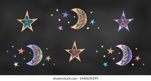 Realistic Chalk Drawn Sketch. Set of Combinations from Fragments of the Starry Sky Isolated on Chalkboard. Kit of Textural Crayon Drawings of Moons and Stars of Different Colors on Blackboard.