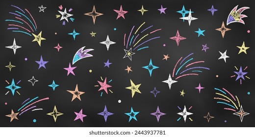 Realistic Chalk Drawn Sketch. Set of Design Elements Colorful Stars Isolated on Blackboard. Doodle Style. Kit of Textural Crayon Drawings of Simple Shapes of Different Colors on Chalkboard Backdrop.