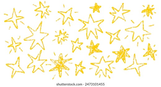 Realistic chalk drawn sketch. Set of design elements stars of yellow colors  on white background. Set of textural crayon drawings of stars. Vector illustration. EPS 10