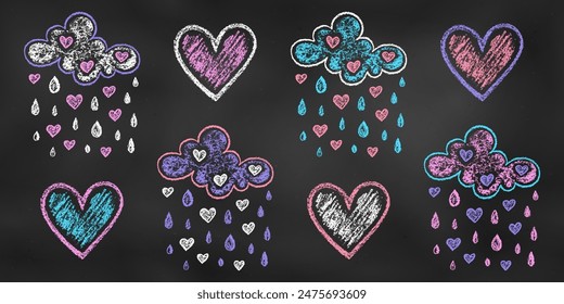 Realistic Chalk Drawn Sketch. Set of Design Elements Cloud with Rain of Drops and Hearts Isolated on Chalkboard Backdrop. Kit of Textural Crayon Drawings of Romantic Symbols of on Blackboard.