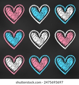Realistic Chalk Drawn Sketch. Set of Design Elements White, Blue, Red Hearts Isolated on Chalkboard Backdrop. Kit of Textural Crayon Drawings of Simple Shapes of Different Colors on Dark Blackboard.
