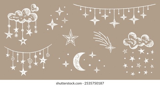 Bosquejo dibujado a tiza realista. Conjunto de Elementos de diseño Estrellas, Luna, Meteorito, Nubes, Hilos, Cuentas, Aislado en Papel de Artesanía. Kit de dibujos texturales de crayón de símbolos de cielo nocturno blanco. 