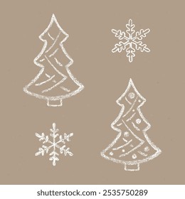 Realistic Chalk Drawn Sketch. Set of Design Elements Christmas White Trees and Snowflakes Isolated on Craft Paper. Kit of Textural Crayon Drawings of New Year Symbols for Winter Holidays. 