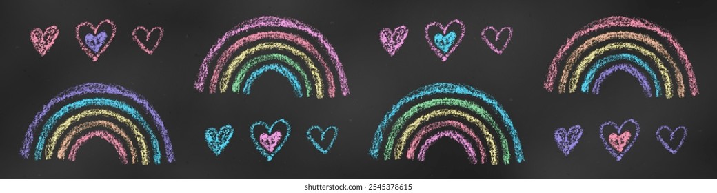 Realistic Chalk Drawn Sketch. Set of Design Elements Rainbows and Hearts Isolated on Chalkboard Backdrop. Kit of Textural Crayon Drawings of Children's Symbols of Different Colors on Blackboard.
